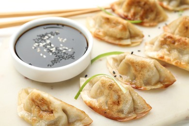 Photo of Fried gyoza dumplings with soy sauce on plate, closeup