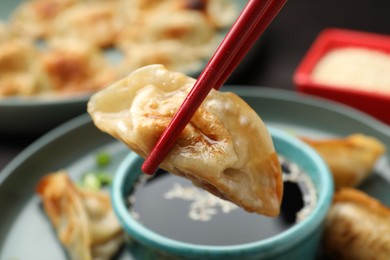 Photo of Eating fried gyoza dumplings at table, closeup