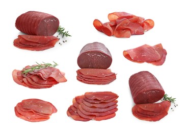 Image of Tasty fresh bresaola isolated on white, set