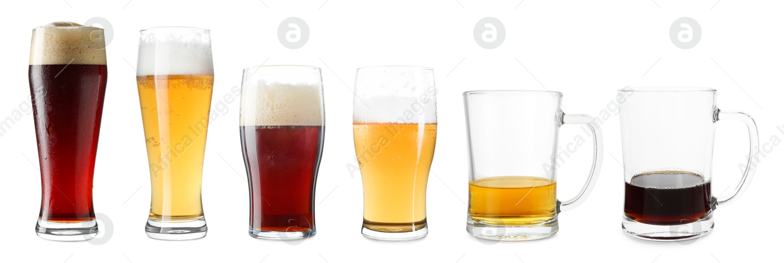 Image of Different types of beer in glasses isolated on white, set