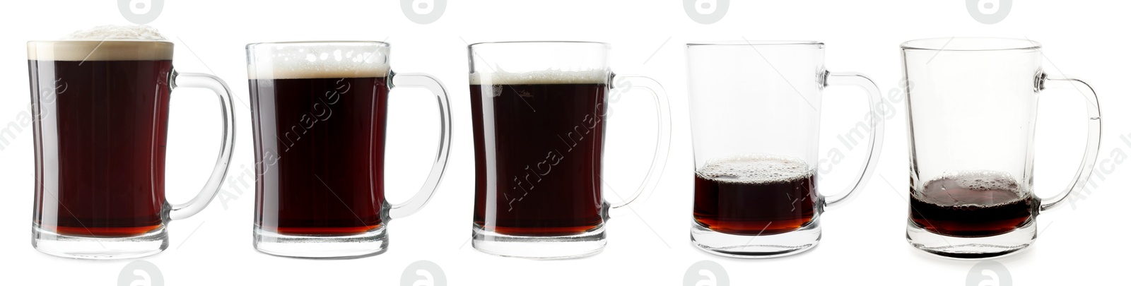 Image of Beer in glass isolated on white, collage. From full to almost empty