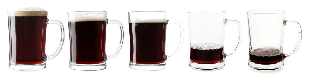 Beer in glass isolated on white, collage. From full to almost empty