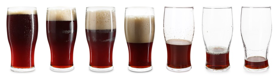 Image of Beer in glass isolated on white, collage. From full to almost empty