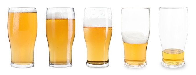 Image of Beer in glass isolated on white, collage. From full to almost empty