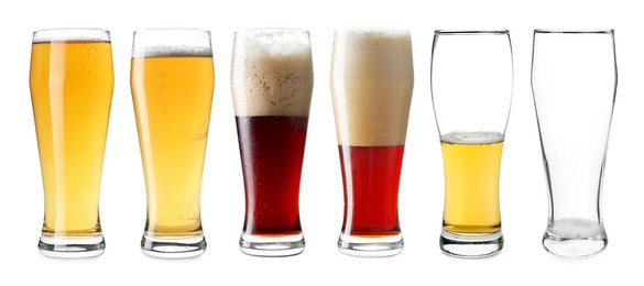 Image of Different types of beer in glasses isolated on white, set