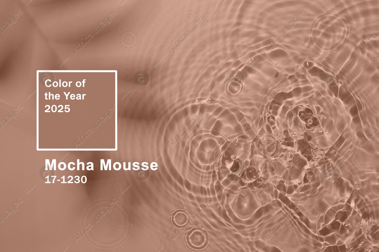 Image of Mocha mousse - color of 2025 year. Rippled surface of water on brown shade background