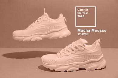 Image of Mocha mousse - color of 2025 year. Stylish sneakers on background in brown shade