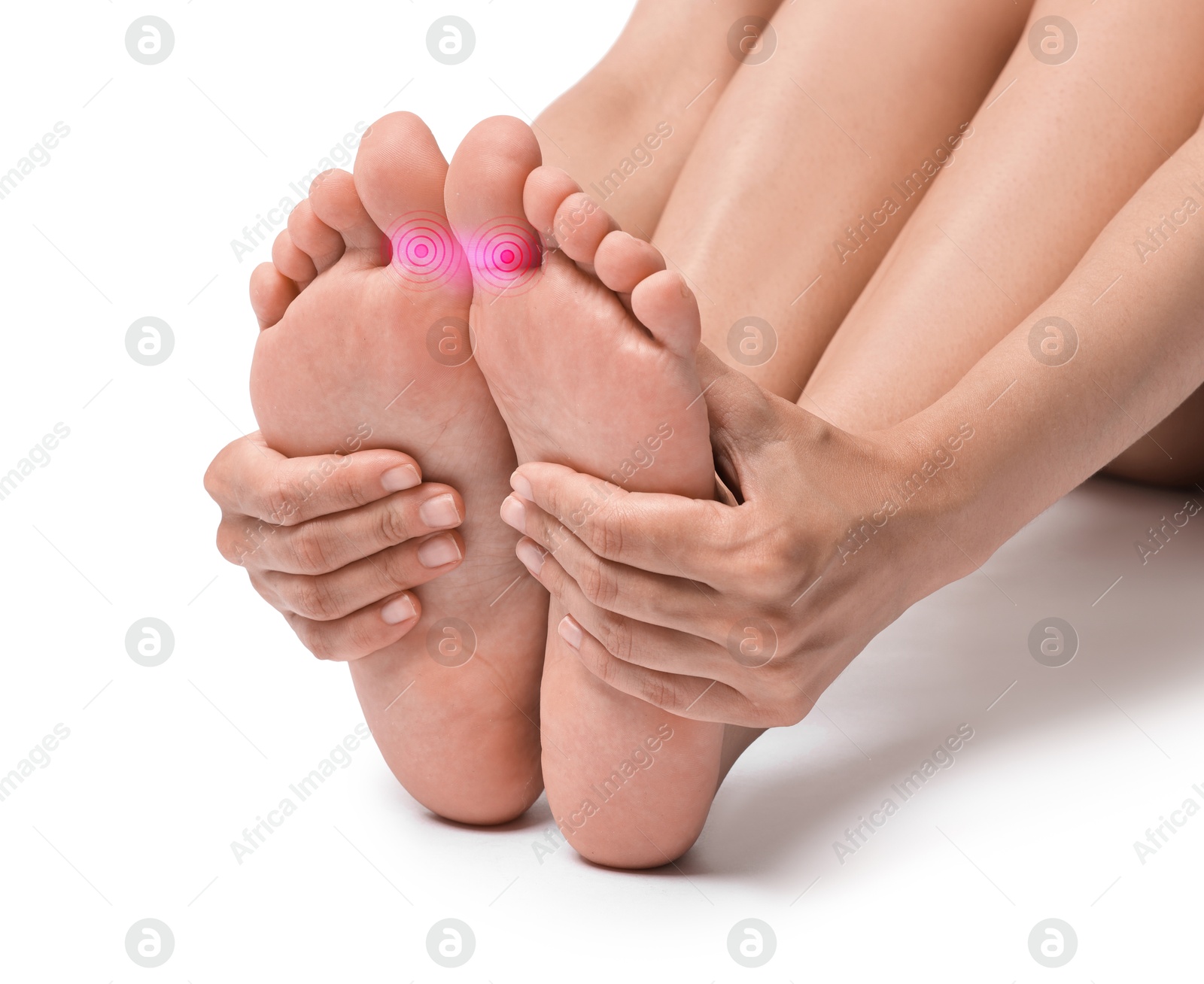 Image of Woman with joint inflammation on white background, closeup. Highlighted areas on toes