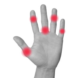 Image of Man with joint inflammation on white background, closeup. Toned in black-and-white with color areas on fingers