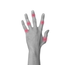 Image of Man with joint inflammation on white background, closeup. Toned in black-and-white with color areas on fingers