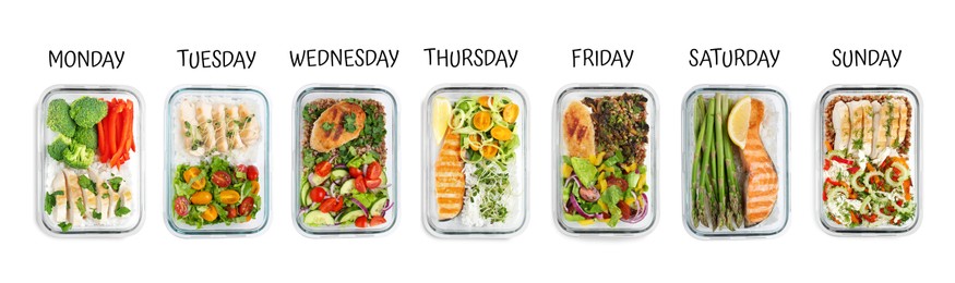 Image of Different healthy meals in containers organized by days of week on white background, top view. Daily ration