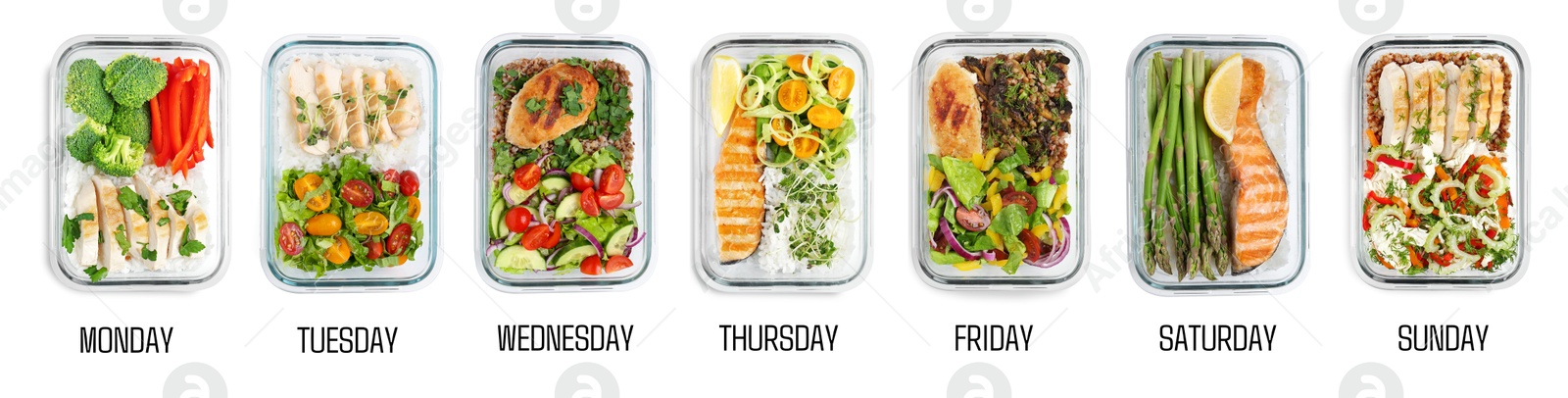 Image of Different healthy meals in containers organized by days of week on white background, top view. Daily ration