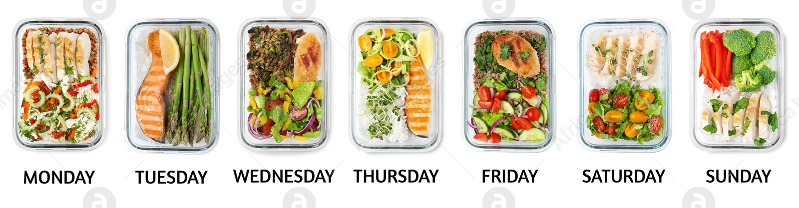 Image of Different healthy meals in containers organized by days of week on white background, top view. Daily ration