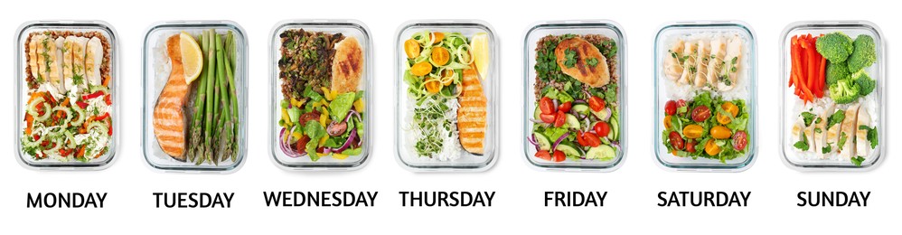 Image of Different healthy meals in containers organized by days of week on white background, top view. Daily ration