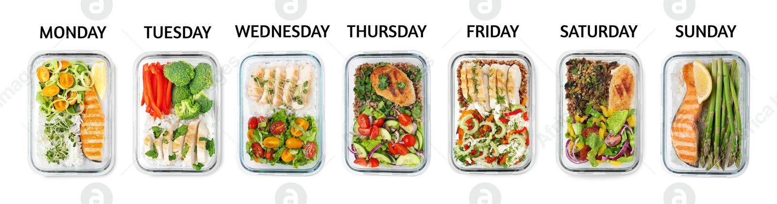 Image of Different healthy meals in containers organized by days of week on white background, top view. Daily ration