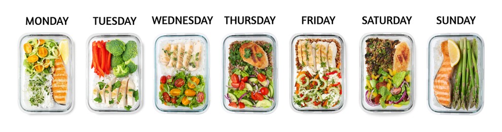 Image of Different healthy meals in containers organized by days of week on white background, top view. Daily ration