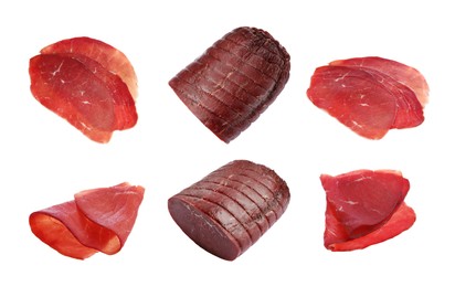 Image of Tasty fresh bresaola isolated on white, set