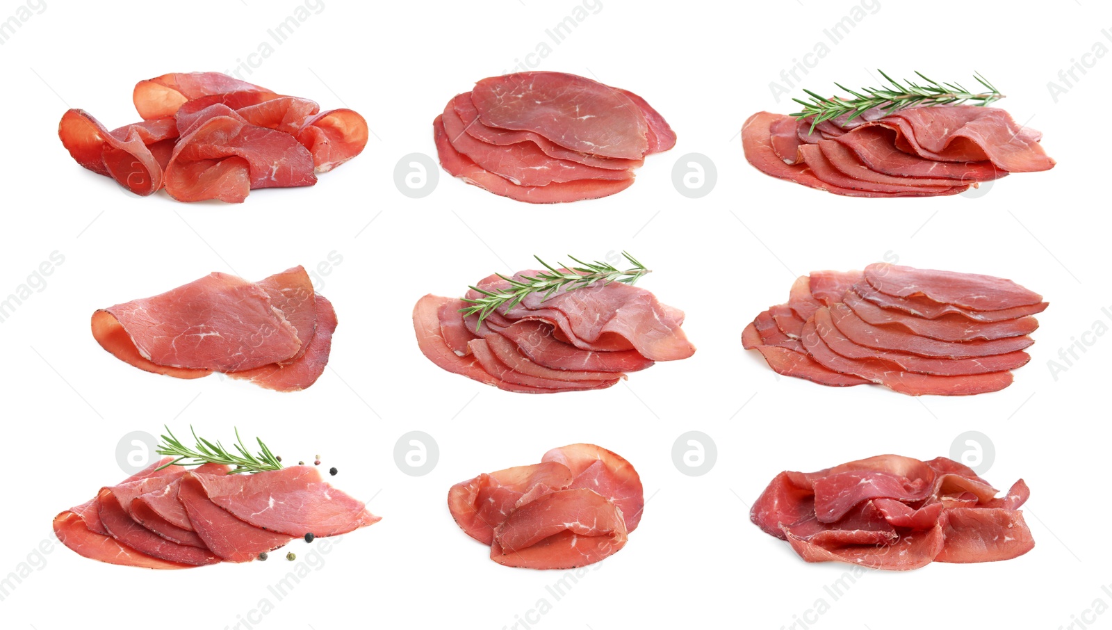 Image of Tasty fresh bresaola isolated on white, set