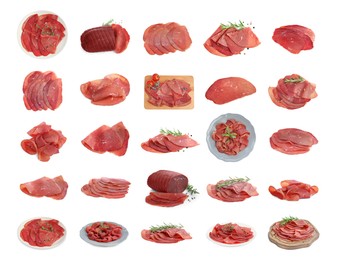 Image of Tasty fresh bresaola isolated on white, set