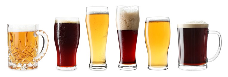 Image of Different types of beer in glasses isolated on white, set