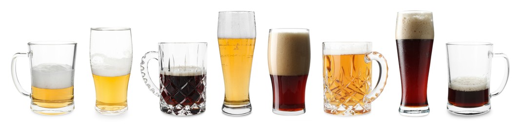 Image of Different types of beer in glasses isolated on white, set