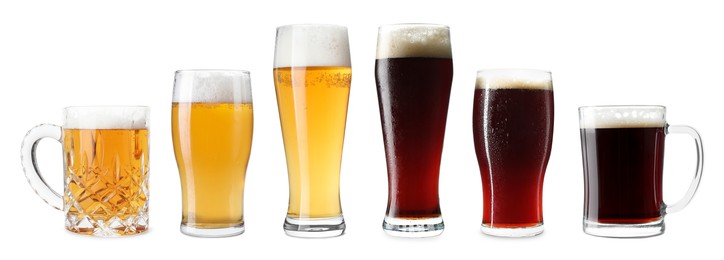 Image of Different types of beer in glasses isolated on white, set