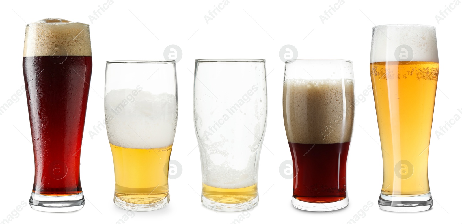 Image of Different types of beer in glasses isolated on white, set