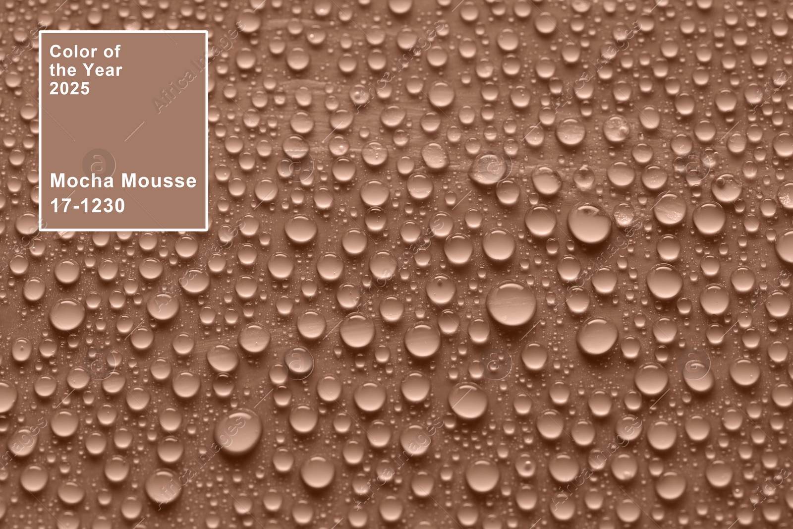 Image of Mocha mousse - color of 2025 year. Brown shade surface with water drops, top view