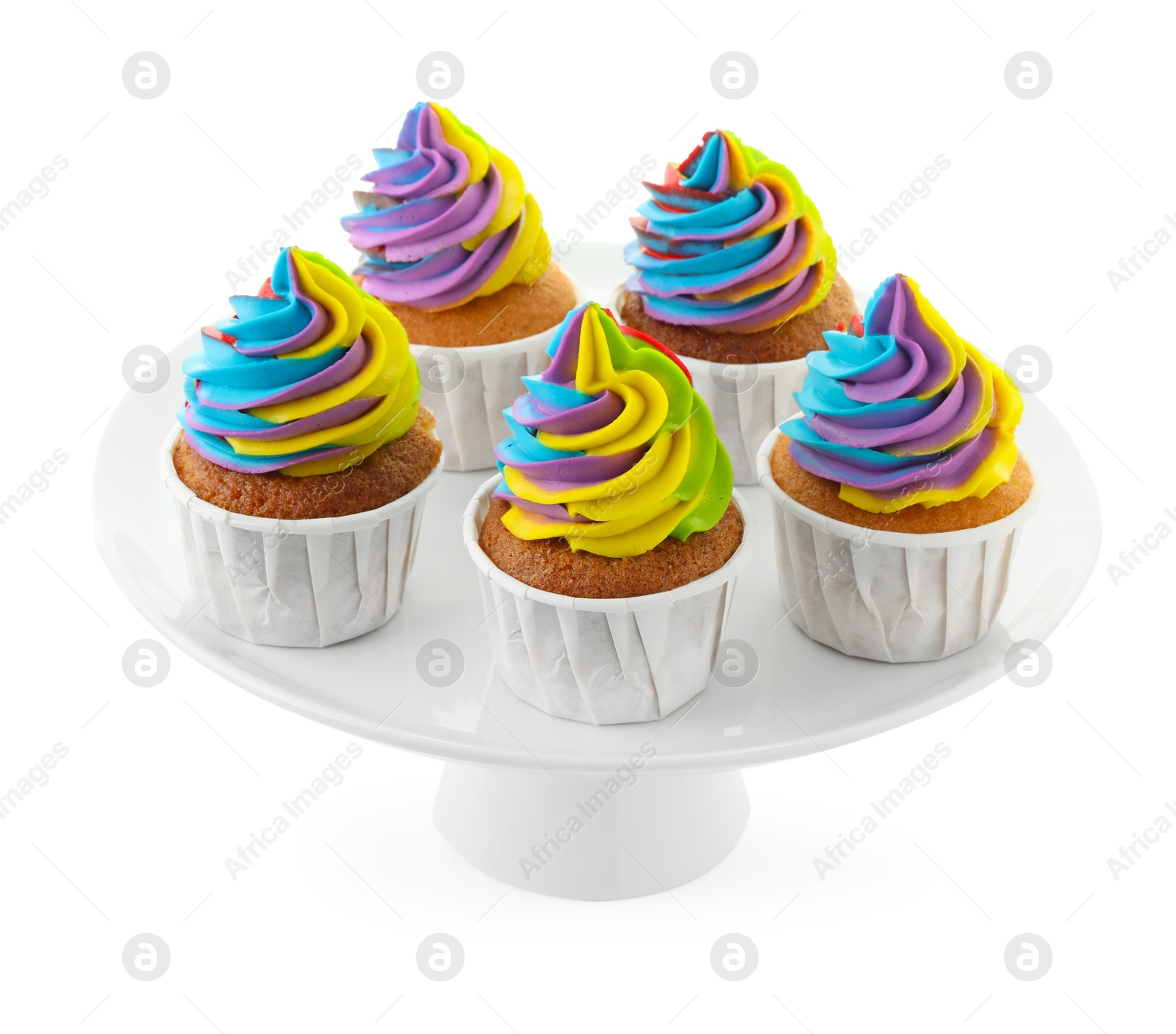 Photo of Tasty cupcakes with colorful cream isolated on white