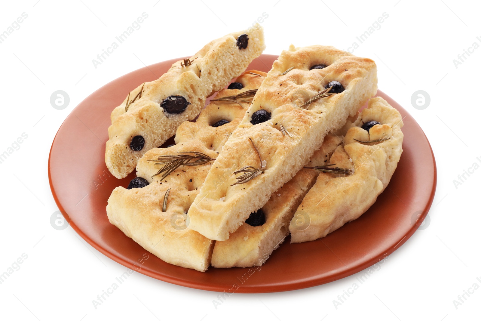 Photo of Slices of delicious focaccia bread with olives and rosemary isolated on white