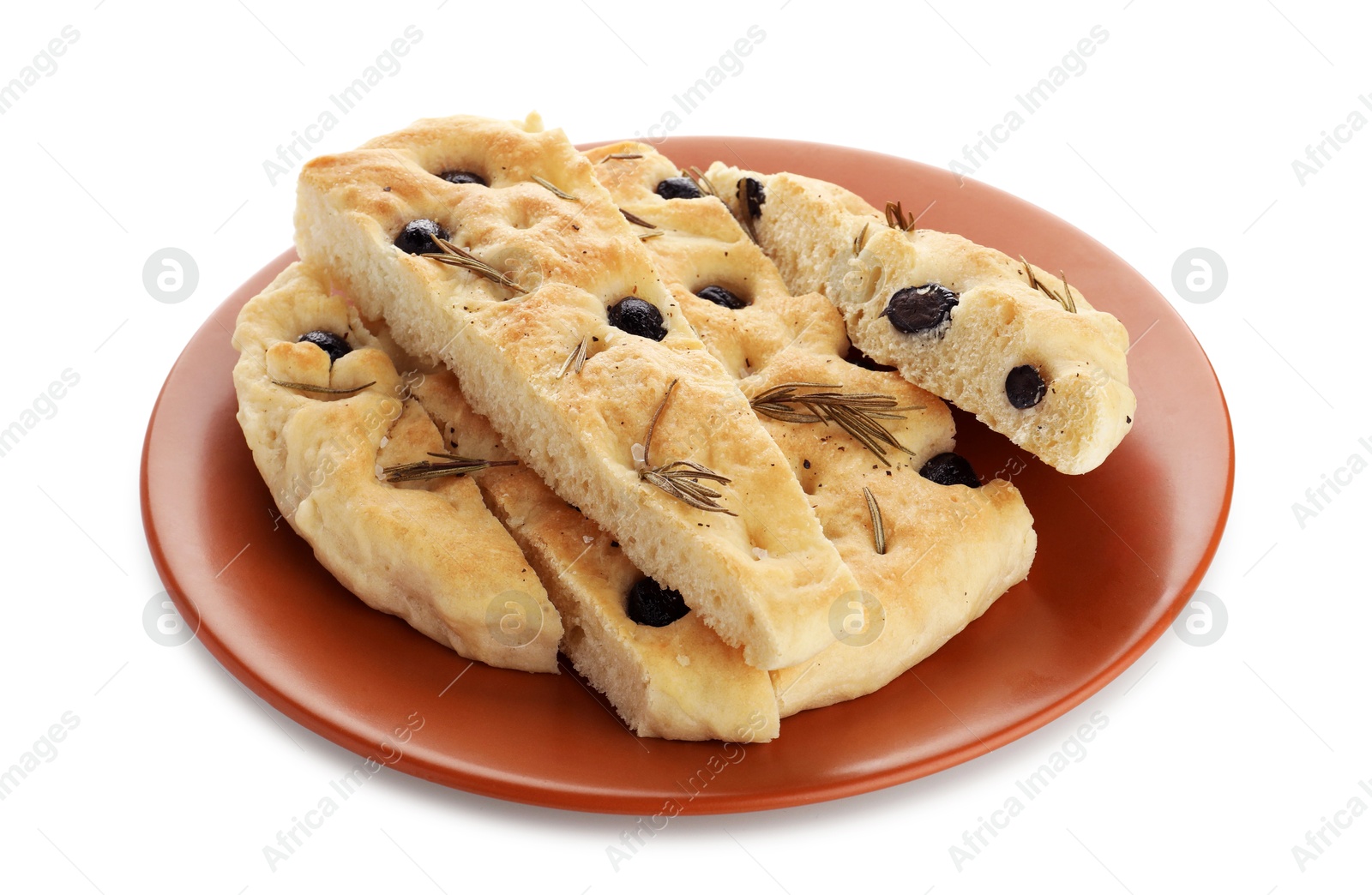 Photo of Slices of delicious focaccia bread with olives and rosemary isolated on white