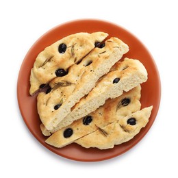 Photo of Slices of delicious focaccia bread with olives and rosemary isolated on white, top view