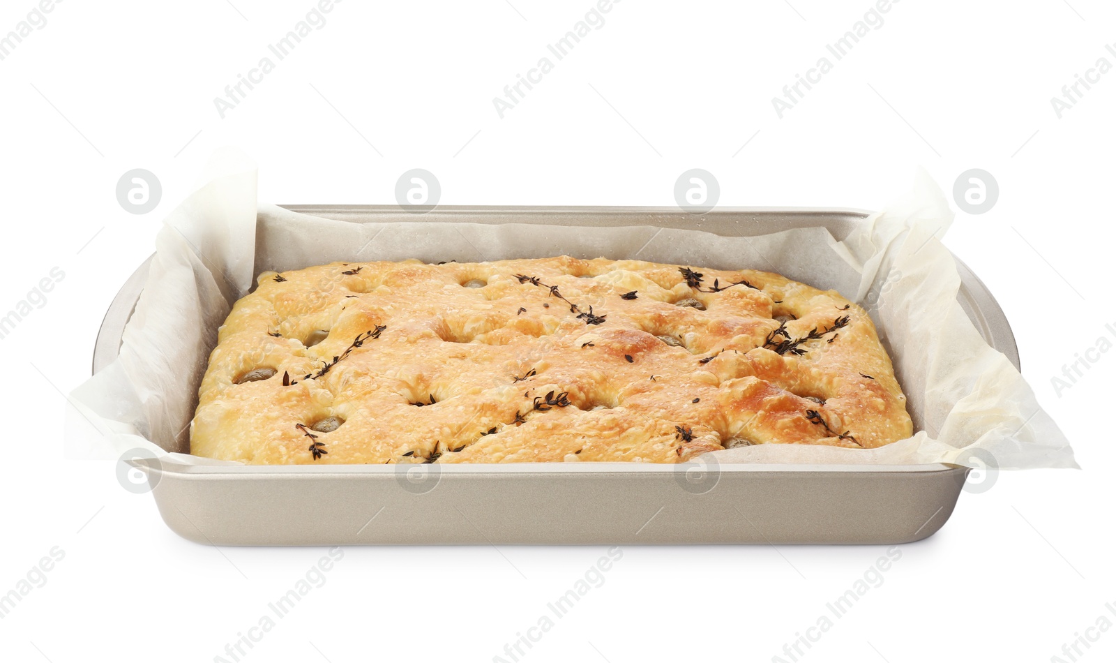 Photo of Delicious focaccia bread with olives and thyme in baking dish isolated on white