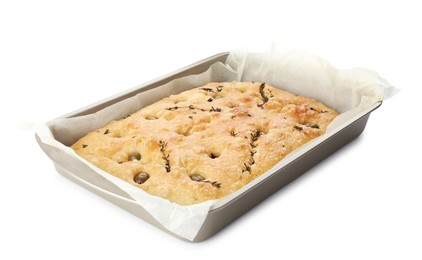 Photo of Delicious focaccia bread with olives and thyme in baking dish isolated on white