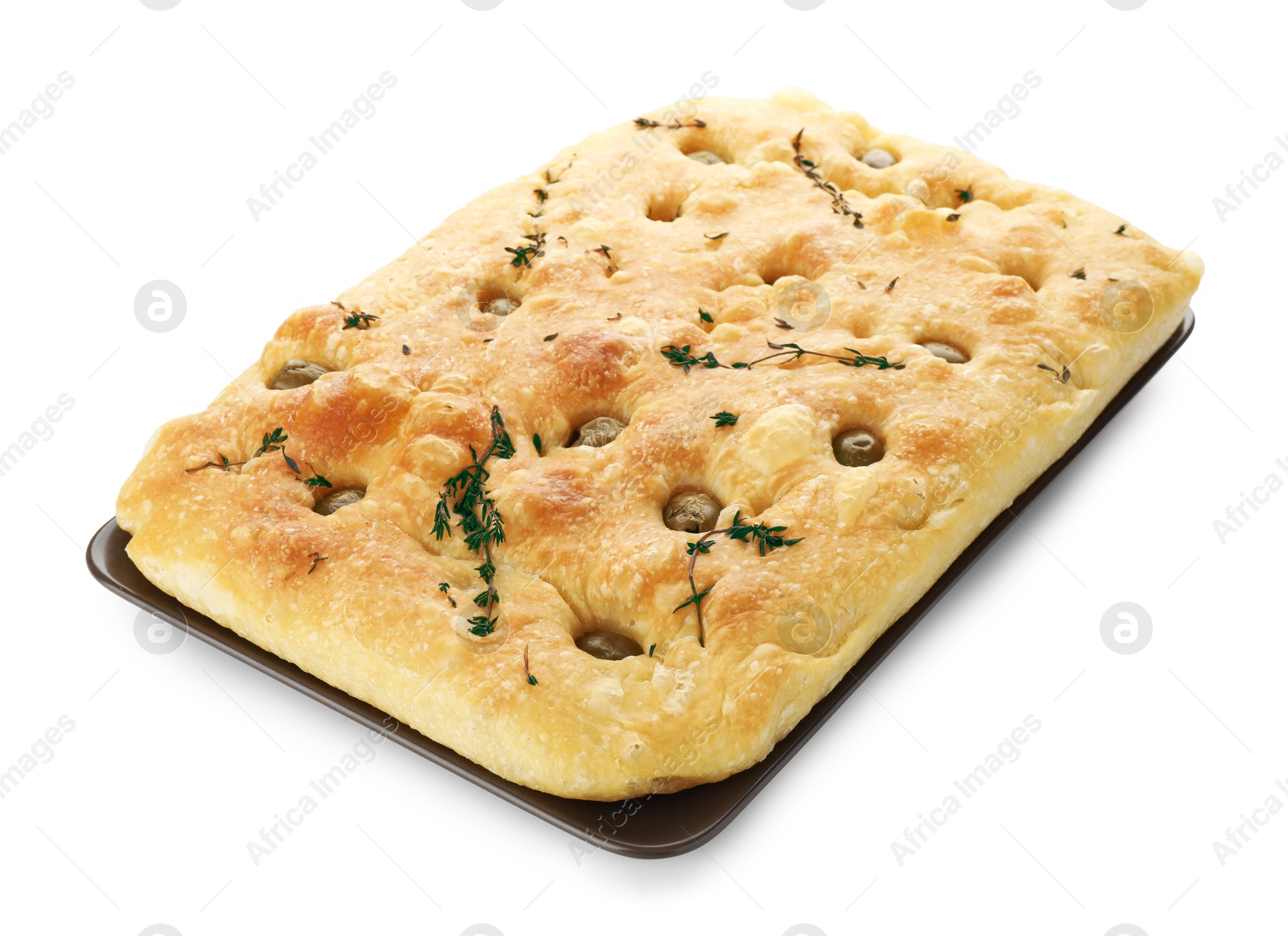 Photo of Delicious focaccia bread with olives and thyme isolated on white