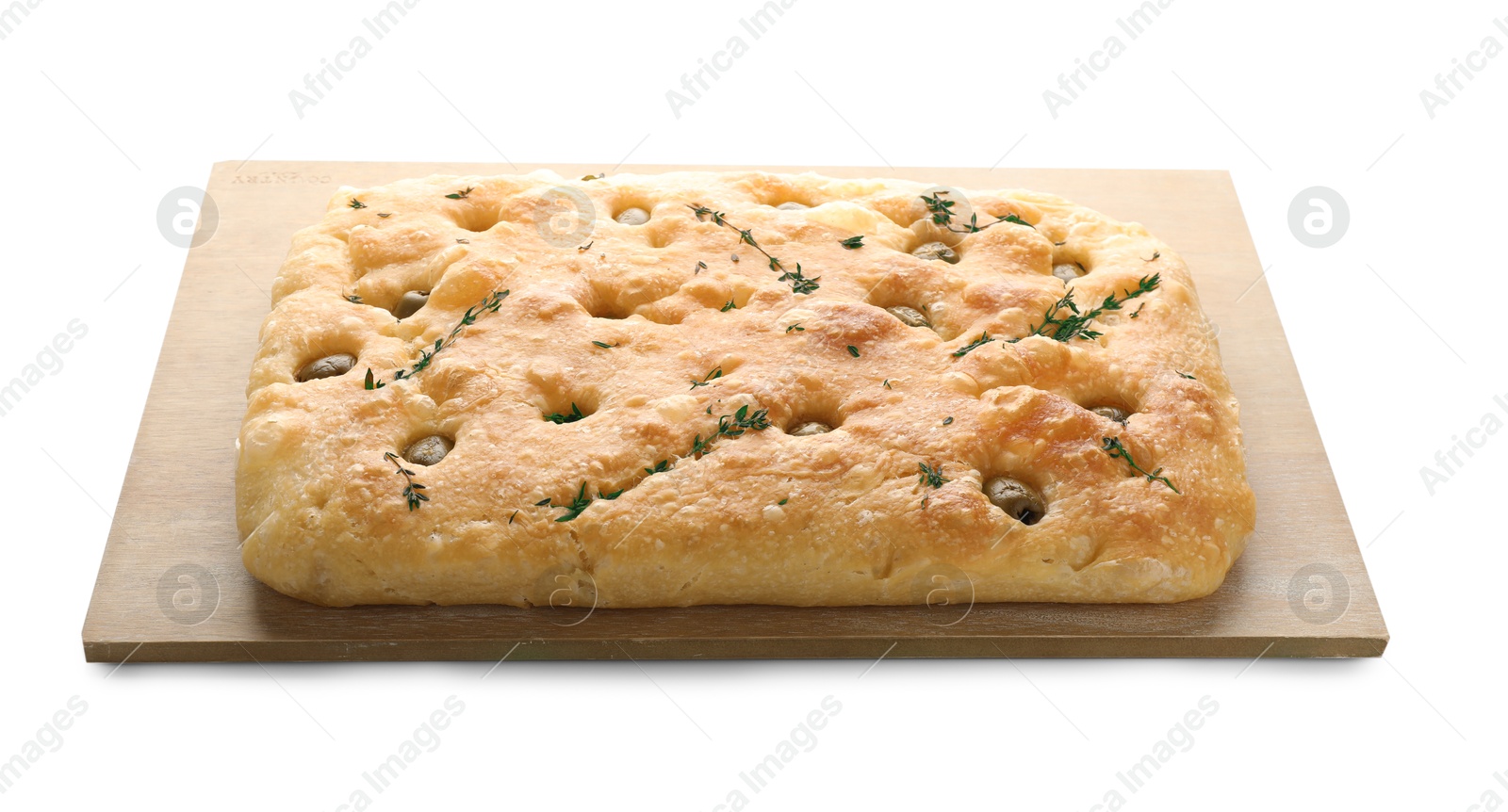 Photo of Delicious focaccia bread with olives and thyme isolated on white