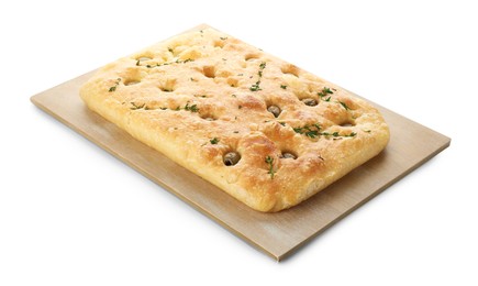 Photo of Delicious focaccia bread with olives and thyme isolated on white