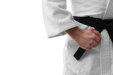 Photo of Karate fighter in uniform on white background, closeup