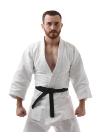 Photo of Karate fighter in uniform on white background