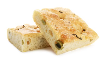 Photo of Pieces of delicious focaccia bread with olives and thyme isolated on white