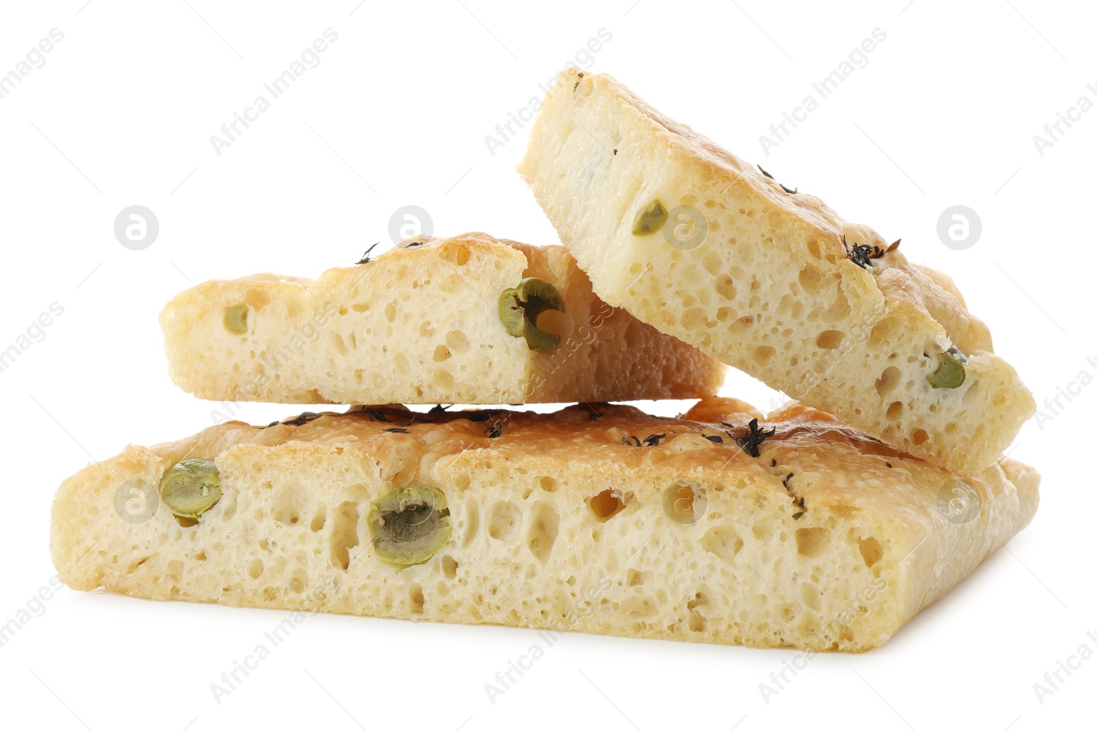 Photo of Pieces of delicious focaccia bread with olives and thyme isolated on white