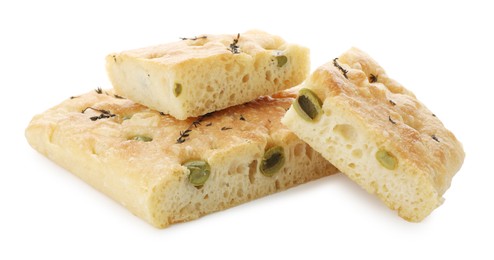 Photo of Pieces of delicious focaccia bread with olives and thyme isolated on white