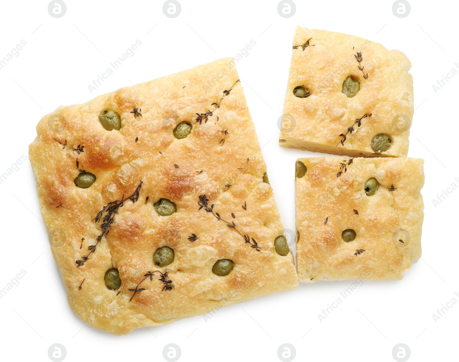 Photo of Pieces of delicious focaccia bread with olives and thyme isolated on white, top view