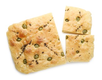 Photo of Pieces of delicious focaccia bread with olives and thyme isolated on white, top view