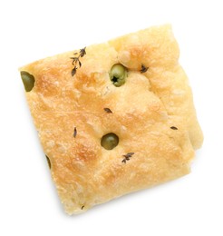 Photo of Piece of delicious focaccia bread with olives and thyme isolated on white, top view