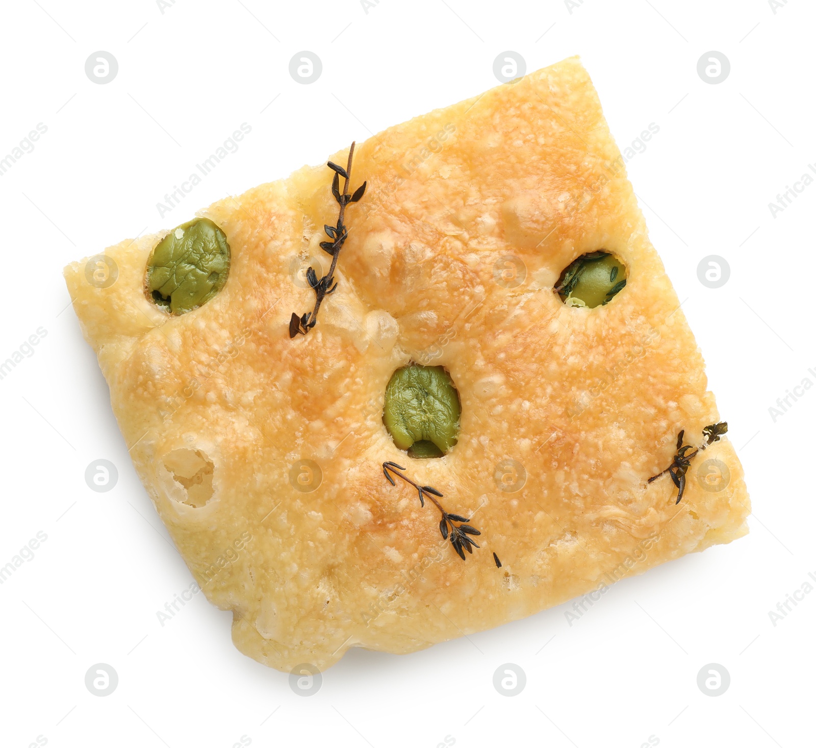 Photo of Piece of delicious focaccia bread with olives and thyme isolated on white, top view