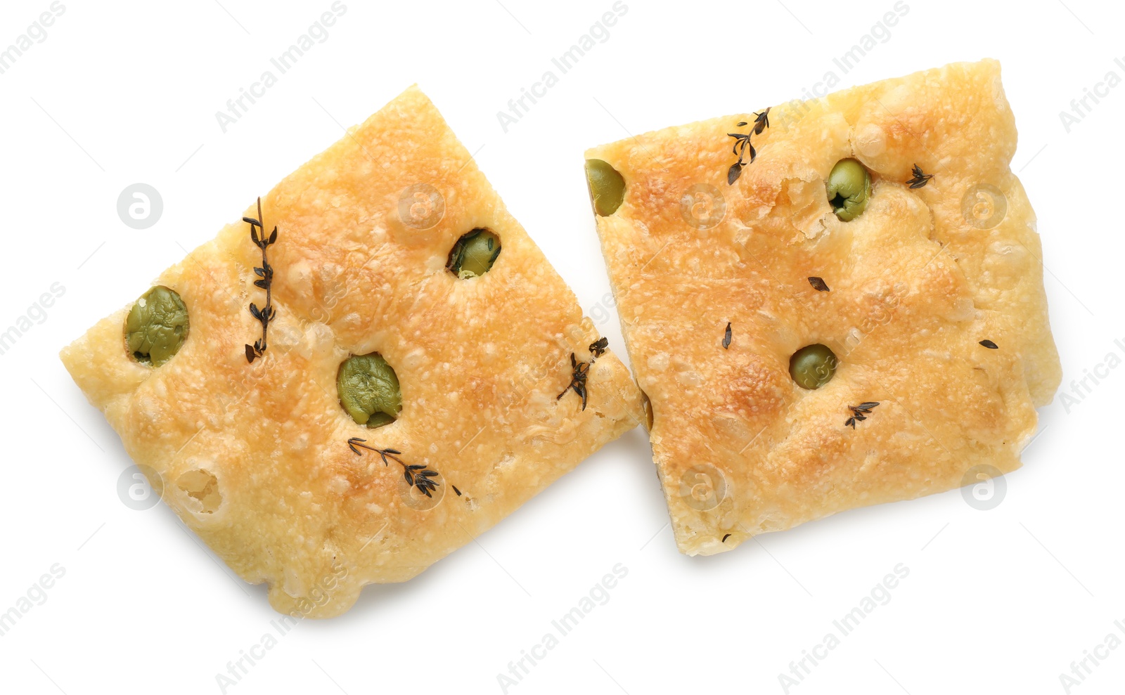 Photo of Pieces of delicious focaccia bread with olives and thyme isolated on white, top view