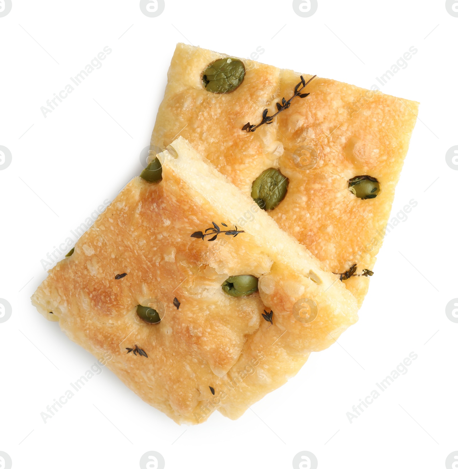 Photo of Pieces of delicious focaccia bread with olives and thyme isolated on white, top view