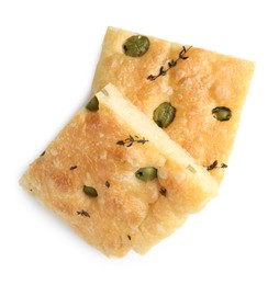 Photo of Pieces of delicious focaccia bread with olives and thyme isolated on white, top view