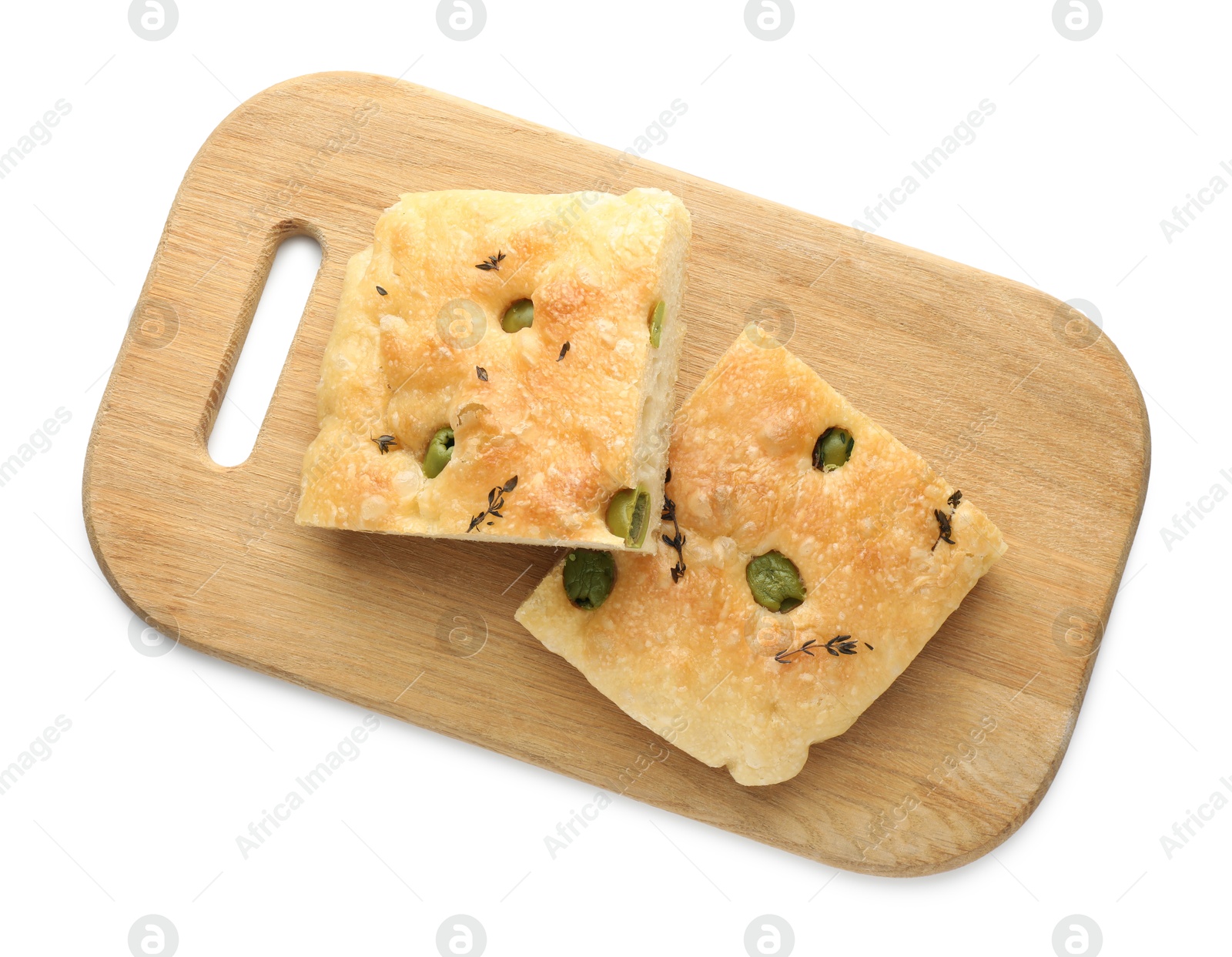 Photo of Pieces of delicious focaccia bread with olives and thyme isolated on white, top view